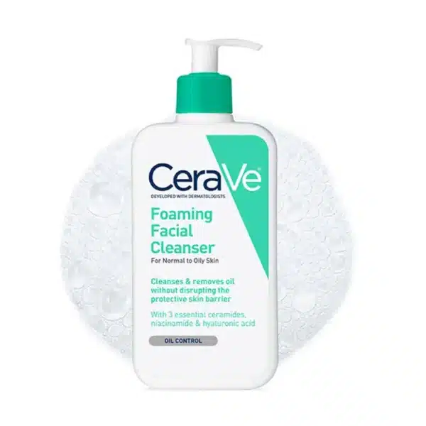 CeraVe Foaming Facial Cleanser for normal to oily skin in a white pump bottle with teal accents.