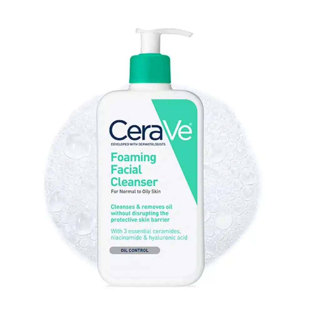 CeraVe Foaming Facial Cleanser for normal to oily skin in a white pump bottle with teal accents.