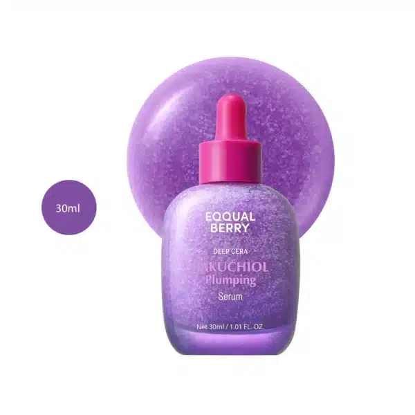 EQQUALBERRY Deep Cera Bakuchiol Plumping Serum 30ml with purple badge.