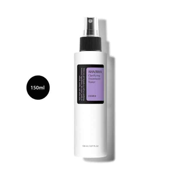 COSRX AHA/BHA Clarifying Treatment Toner 150ml white spray bottle with purple label.