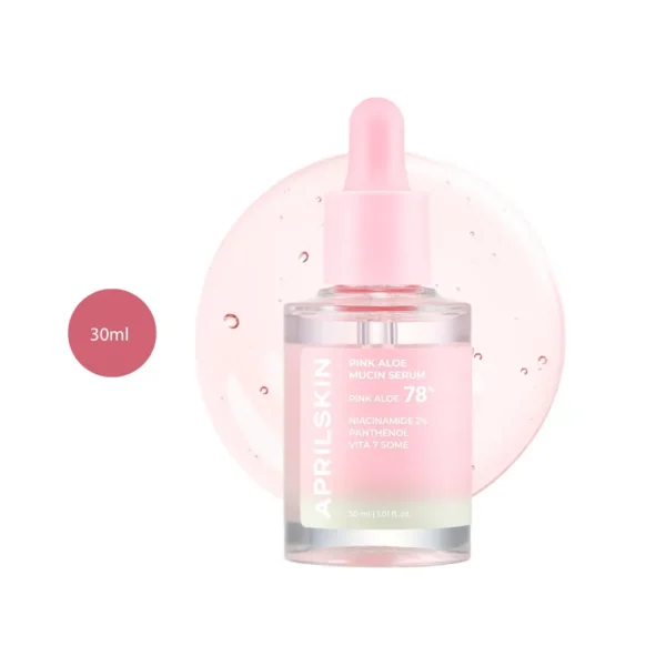 APRILSKIN Pink Aloe Mucin Serum 30ml clear dropper bottle with pink liquid swatch.