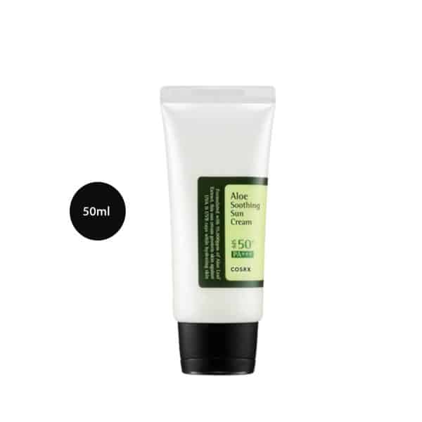 COSRX Aloe Soothing Sun Cream SPF 50+ in a 50ml white tube with green label and cap.