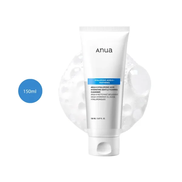 Anua 8 Hyaluronic Acid Gentle Foaming Cleanser in a 150ml white tube with blue accents.