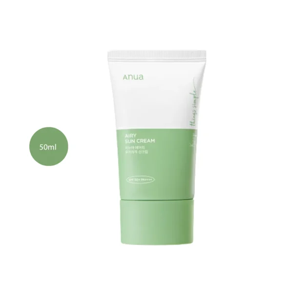Anua Airy Sun Cream SPF 50+ PA++++ in a 50ml white and green tube with green cap.