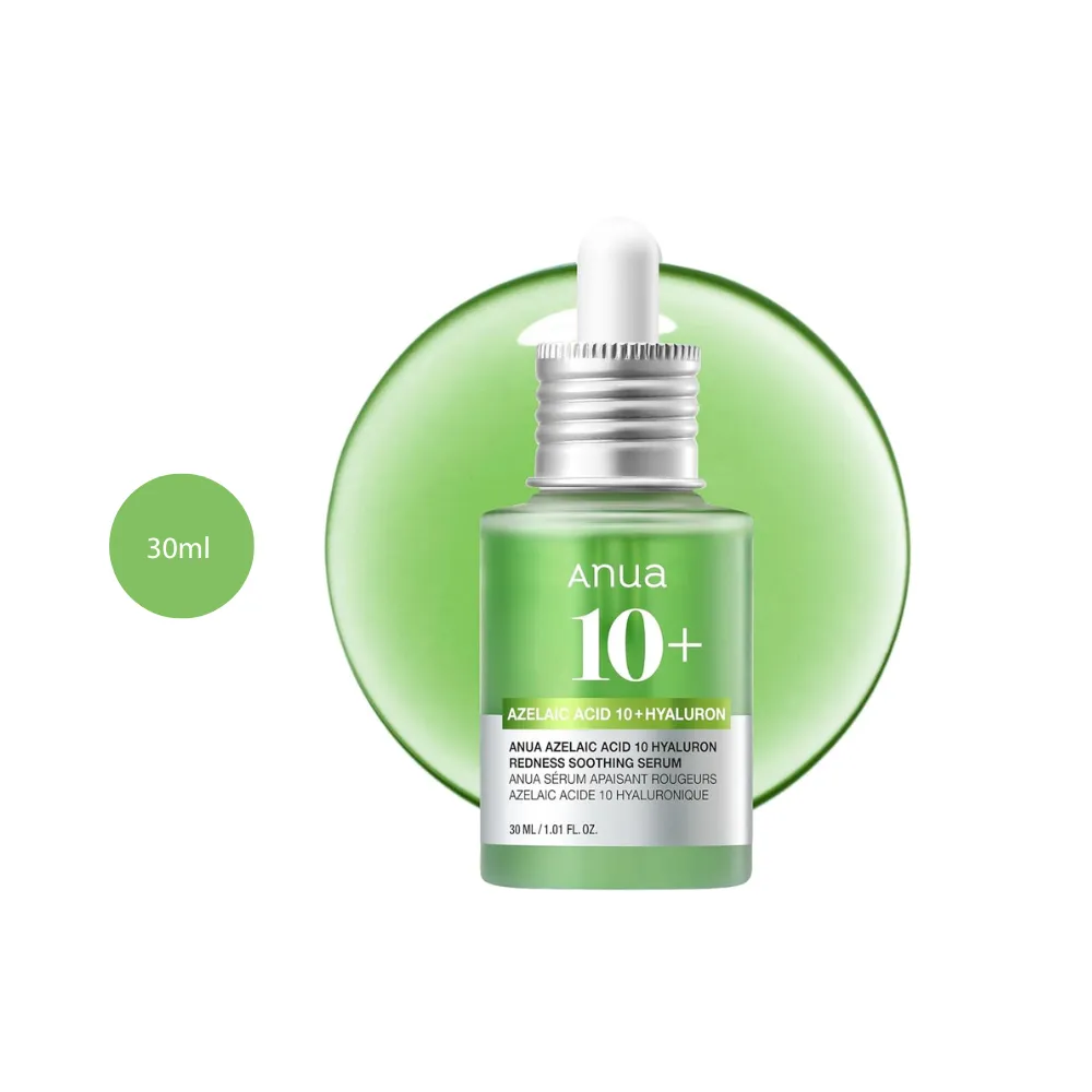 Anua Azelaic Acid 10 Hyaluron Serum in a 30ml green glass bottle with silver dropper.
