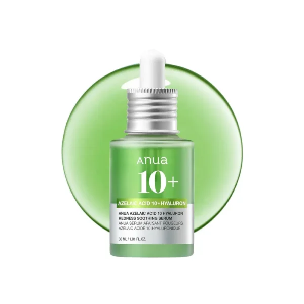 Anua Azelaic Acid 10 Hyaluron Serum in a green glass bottle with silver dropper.
