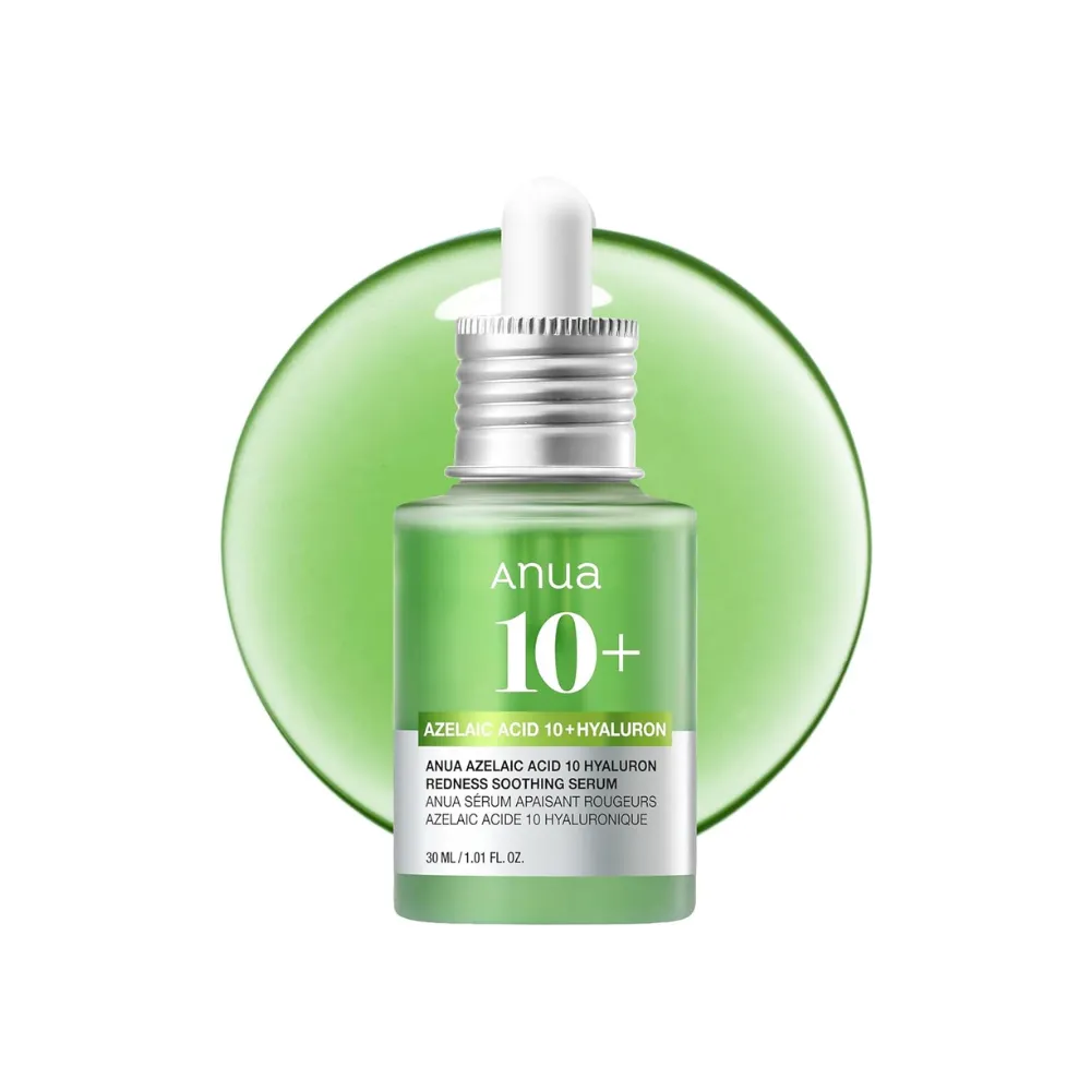 Anua Azelaic Acid 10 Hyaluron Serum in a green glass bottle with silver dropper.