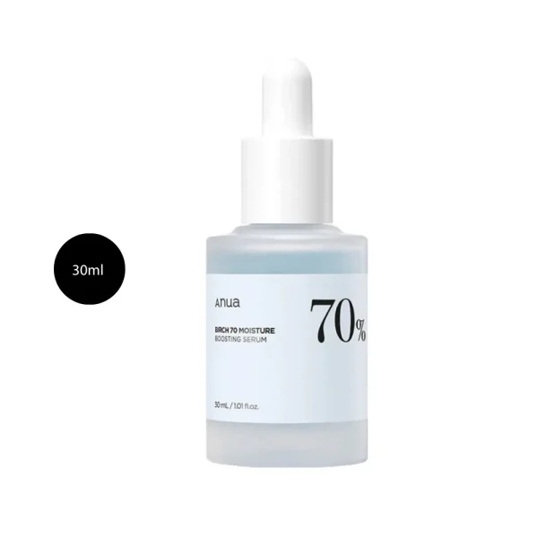 Anua Birch 70 Moisture Boosting Serum in a 30ml frosted bottle with white dropper.