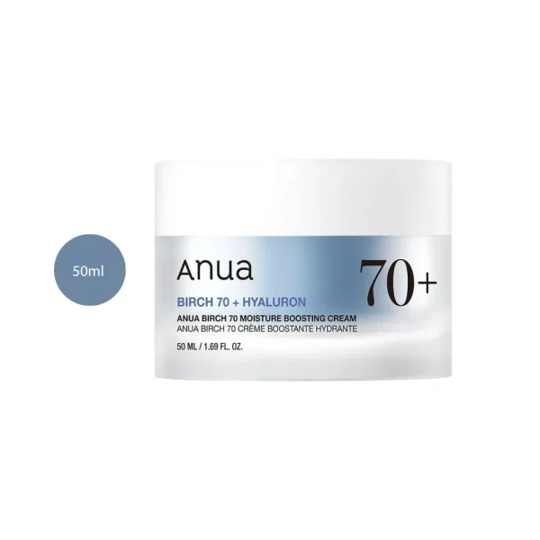 Anua Birch 70+ Moisture Boosting Cream in a 50ml frosted jar with white lid and blue label.