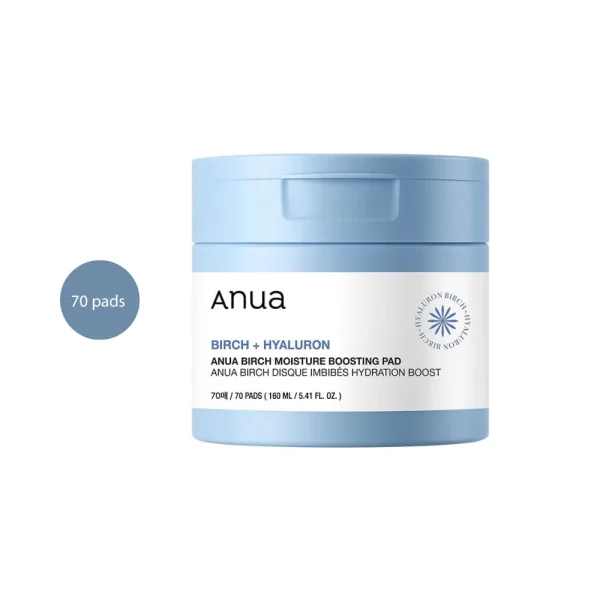 Anua Birch Moisture Boosting Pad in a light blue container with flip-top lid, 70 pads.