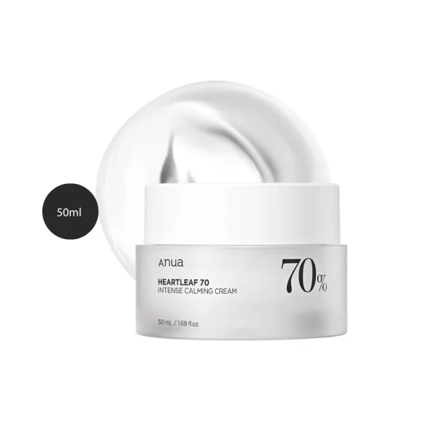 Anua Heartleaf 70 Intense Calming Cream in a 50ml frosted glass jar with white lid.