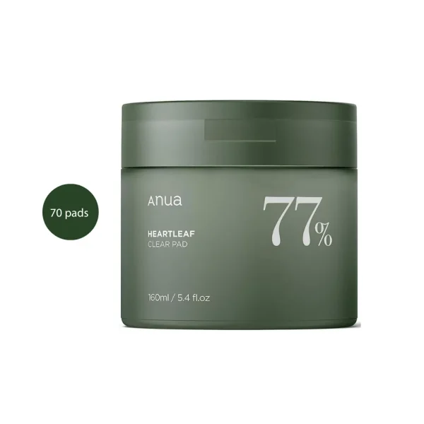 Anua Heartleaf 77% Clear Pad in a dark green container with flip-top lid, 70 pads.