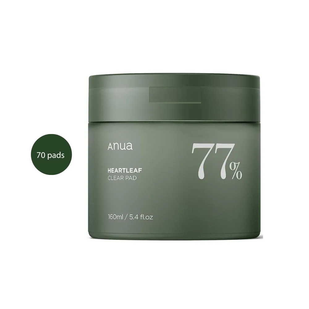 Anua Heartleaf 77% Clear Pad in a dark green container with flip-top lid, 70 pads.
