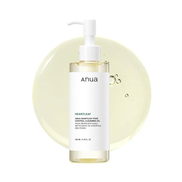 Anua Heartleaf Pore Control Cleansing Oil in a clear bottle with white pump.