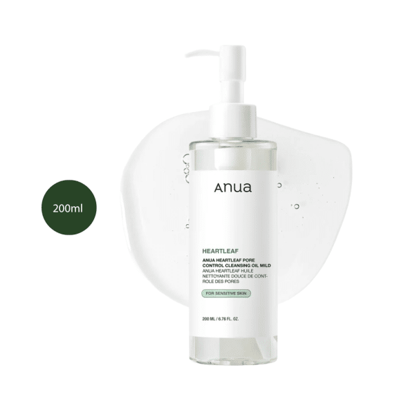 Anua Heartleaf Pore Control Cleansing Oil Mild in a 200ml clear bottle with white pump.