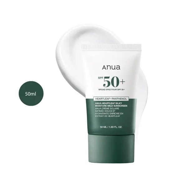 Anua Heartleaf Silky Moisture Sunscreen SPF 50+ in a 50ml white and green tube.