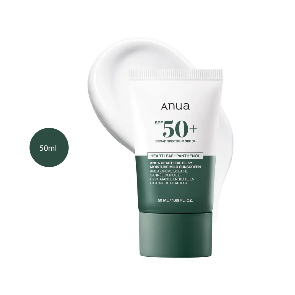 Anua Heartleaf Silky Moisture Sunscreen SPF 50+ in a 50ml white and green tube.