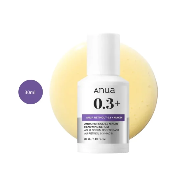 Anua Nano Retinol 0.3% + Niacin Serum in a 30ml white bottle with purple label.