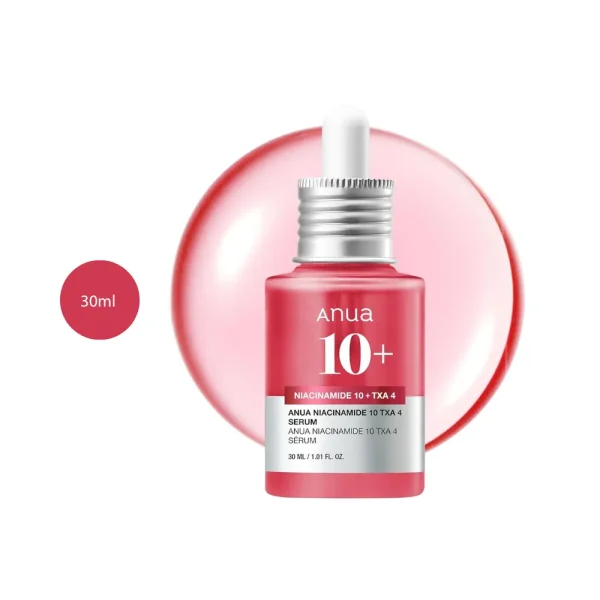 Anua Niacinamide 10% + TXA 4% Serum in a 30ml pink bottle with silver dropper.