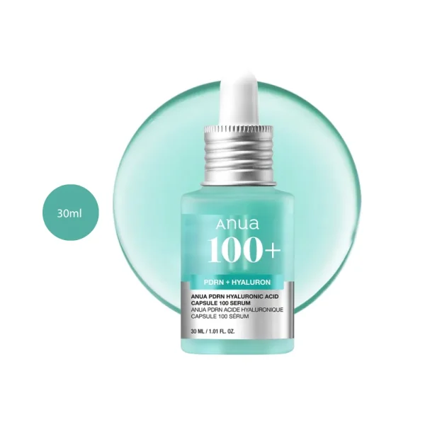 Anua PDRN Hyaluronic Capsule 100 Serum in a 30ml teal glass bottle with silver dropper.