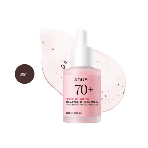 Anua Peach 70 Niacinamide Serum in a 30ml glass bottle with pink liquid and white dropper.