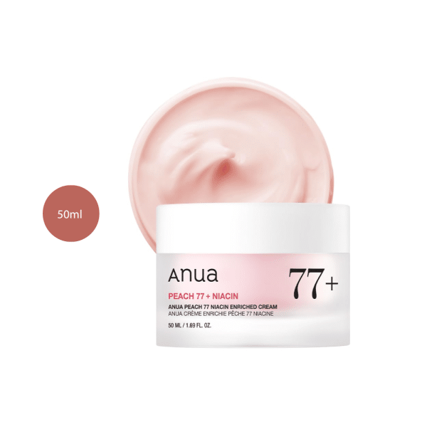 Anua Peach 77 Niacin Enriched Cream in a 50ml frosted white and pink jar with cream swirl.