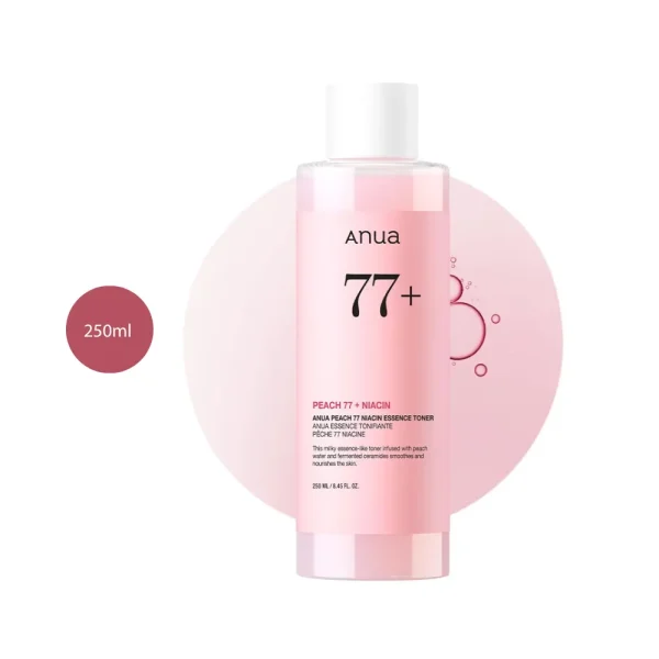 Anua Peach 77 Niacin Essence Toner in a 250ml frosted bottle with peach cap and label.