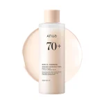 Anua Rice 70 Glow Milky Toner in a frosted bottle with a beige cap and black text.