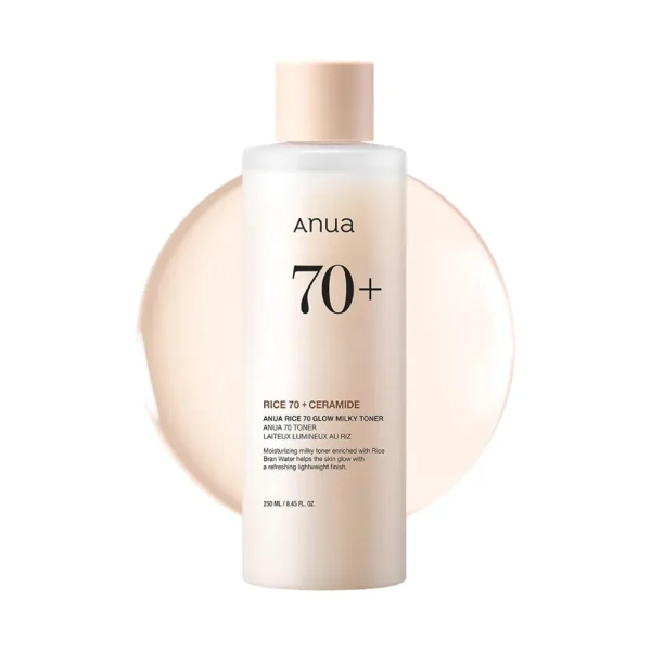 Anua Rice 70 Glow Milky Toner in a frosted bottle with a beige cap and black text.