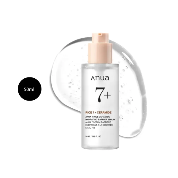 Anua Rice Ceramide 7 Hydrating Barrier Serum in a 50ml frosted bottle with beige pump.