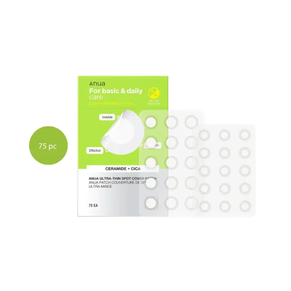 Anua Ultra-Thin Spot Cover Patch (Ceramide + Cica) in a 75-count pack with clear patches.