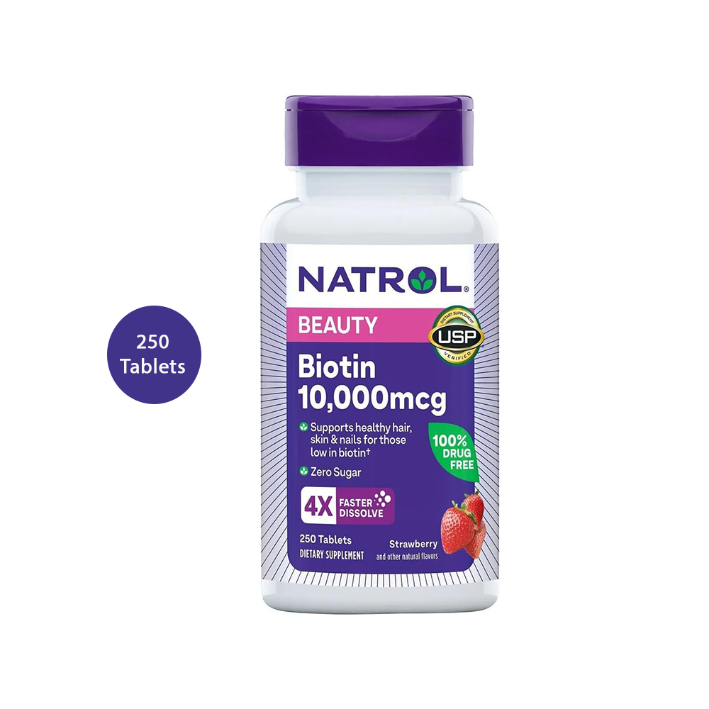 Beauty Biotin 10,000mcg 4X Faster Dissolve (250 Tablets) Natrol Beauty Biotin 10,000mcg Fast Dissolve – 250 Tabs