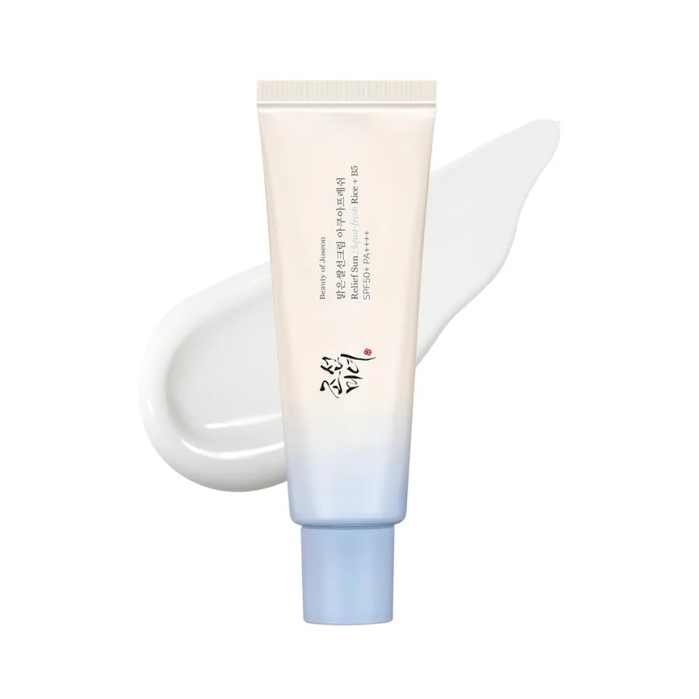 Beauty of Joseon Relief Sun Aqua-Fresh Rice + B5 tube with light blue base and cap.