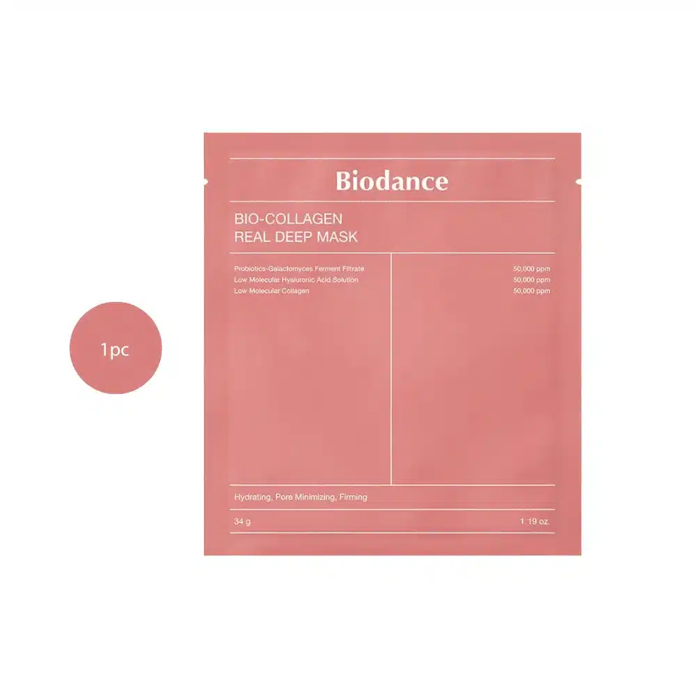 Biodance Bio-Collagen Real Deep Mask Sheet 34g pink packet on a white background.