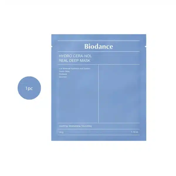 Biodance Hydro Cera-nol Real Deep Mask 34g blue packet on a white background.