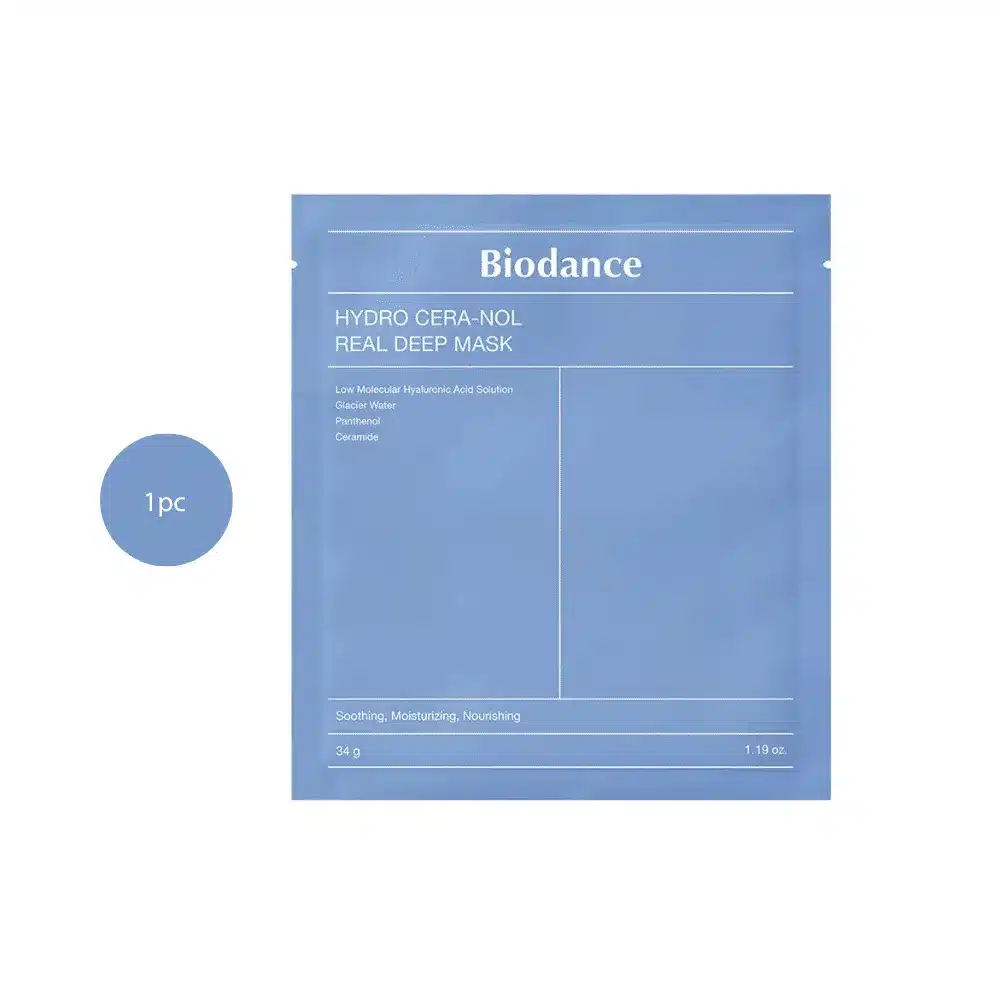 Biodance Hydro Cera-nol Real Deep Mask 34g blue packet on a white background.