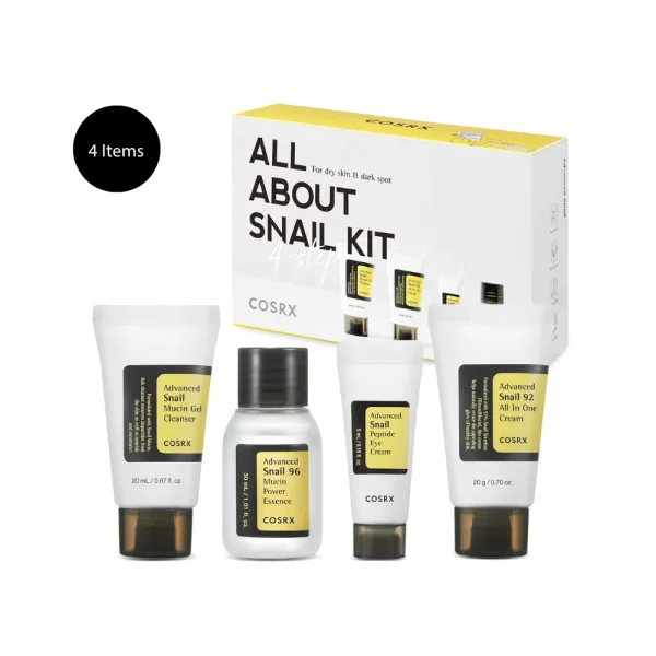 COSRX All About Snail Kit with four travel-size products and white-yellow display box.