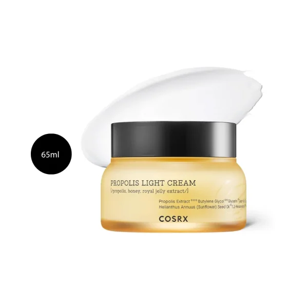 COSRX Full Fit Propolis Light Cream in a 65ml amber jar with black lid and cream smear.