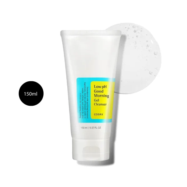 COSRX Low pH Good Morning Gel Cleanser in a 150ml white tube with yellow-blue label.