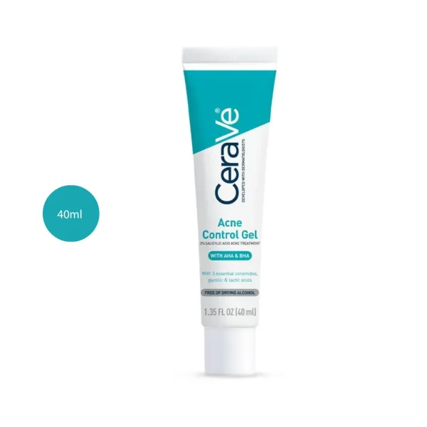 CeraVe Acne Control Gel 40ml white squeeze tube with teal accents and a white screw-on cap.
