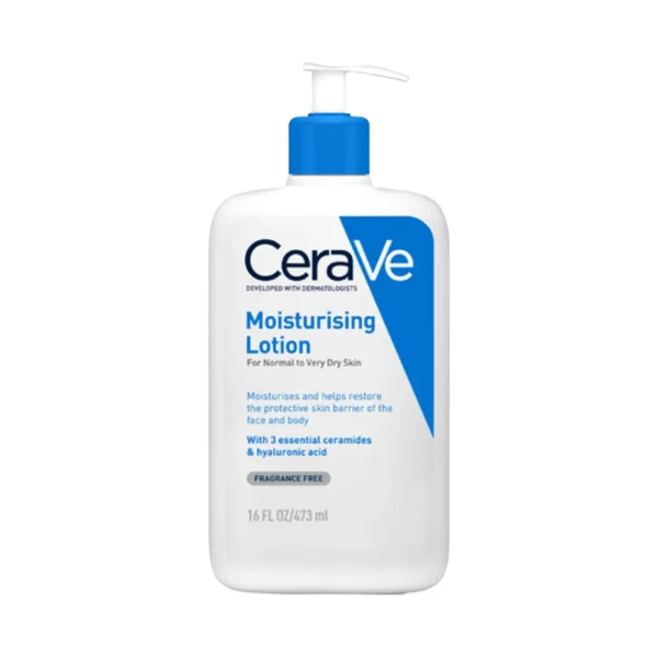 CeraVe Daily Moisturizing Lotion white bottle with blue pump and branding.