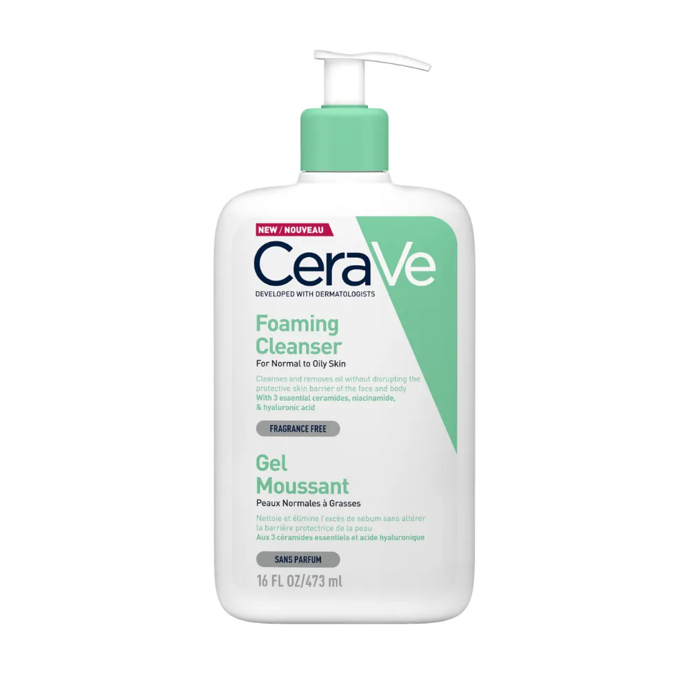 CeraVe Foaming Cleanser pump bottle for oily skin with niacinamide.