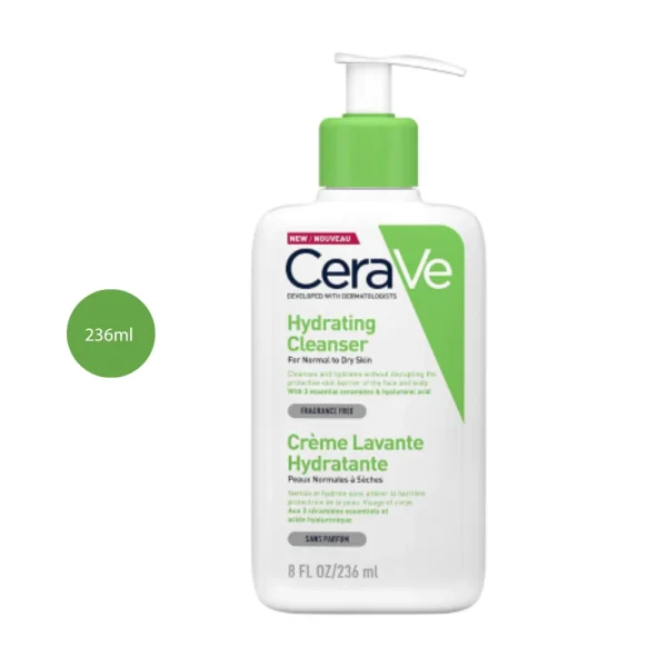 CeraVe Hydrating Cleanser 236ml white bottle with green pump and light green branding.