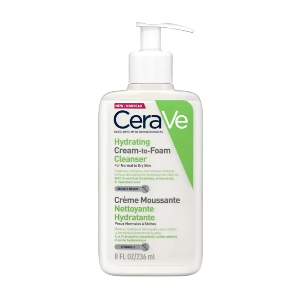CeraVe Hydrating Cream-to-Foam Cleanser white bottle with green branding.