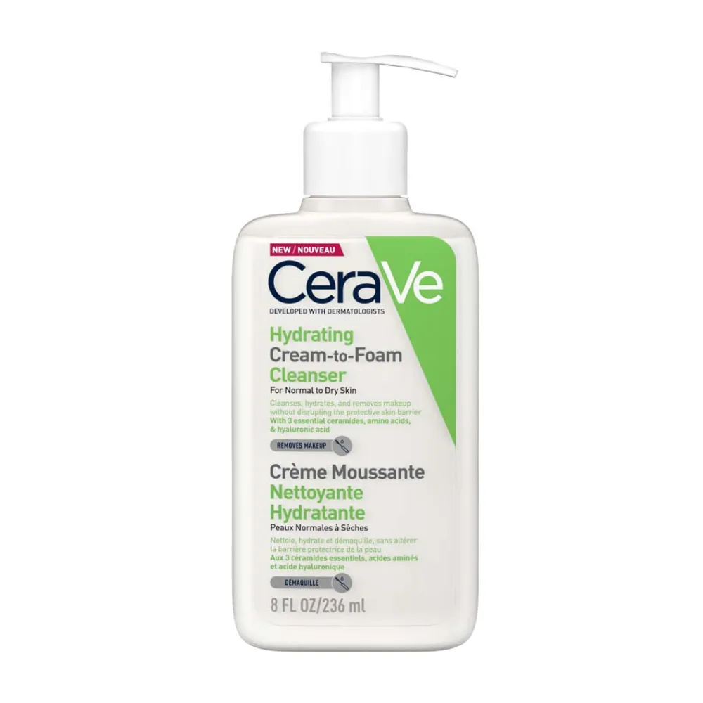 CeraVe Hydrating Cream-to-Foam Cleanser white bottle with green branding.