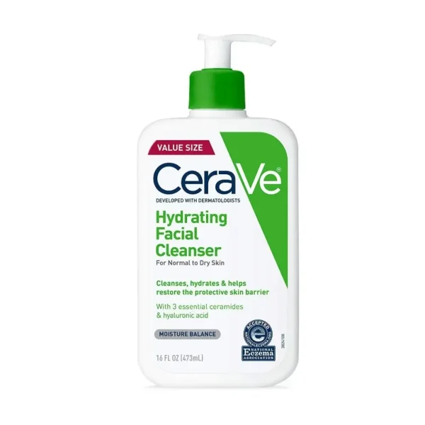 CeraVe Hydrating Facial Cleanser pump bottle with hyaluronic acid.
