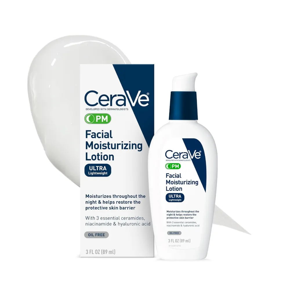 CeraVe PM Facial Moisturizing Lotion white bottle with navy pump and branding.