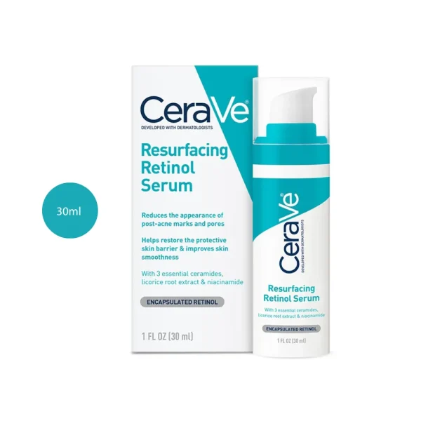 CeraVe Resurfacing Retinol Serum 30ml white bottle and box with teal accents.