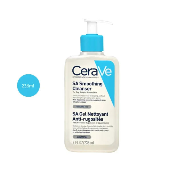 CeraVe SA Smoothing Cleanser 236ml white bottle with light blue pump and branding.
