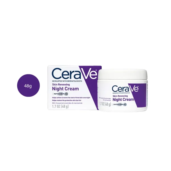 CeraVe Skin Renewing Night Cream 48g white tub and box with purple branding.